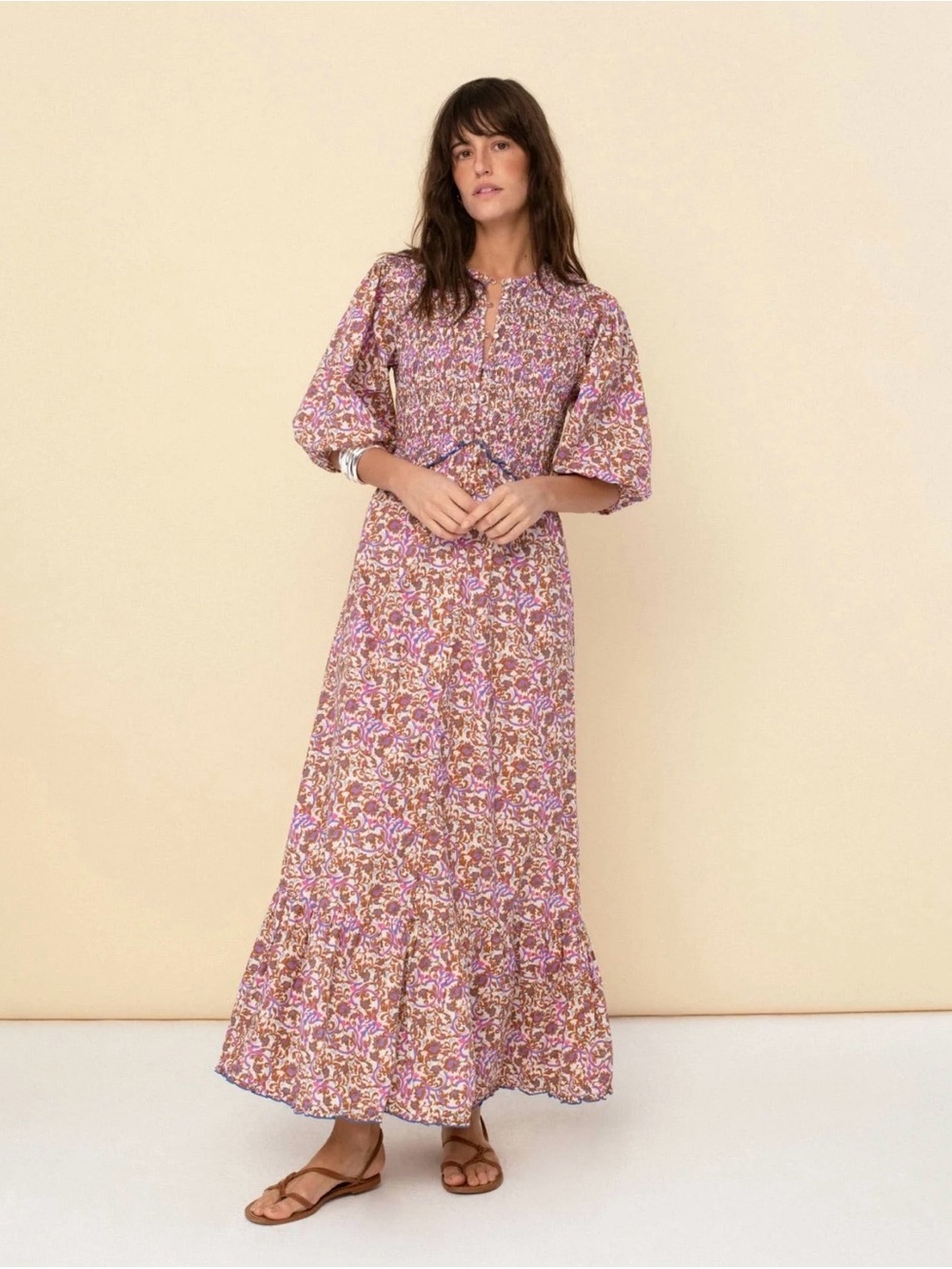Sonmer Smocked Floral Puff-Sleeve Dress